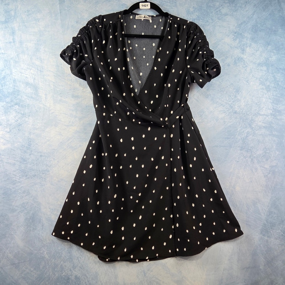 Minx & Moss Black White Polka Dot Ruched Sleeve Wrap‎ Mini Dress Womens Size 8